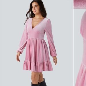 NWT Halara Everyday Deep V Neck Long Sleeve Ruffled Hem Velvet Mini Chill Dress